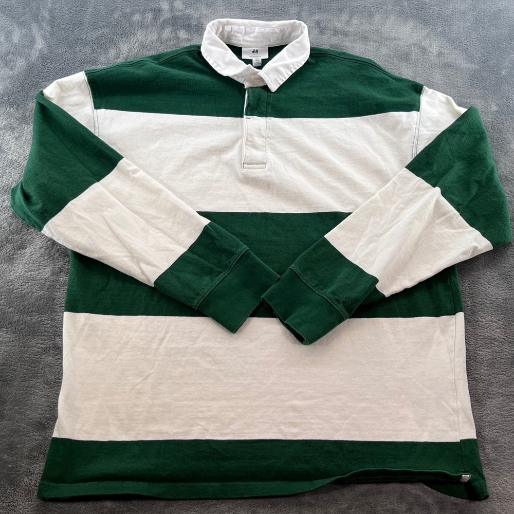 HM Mens Oversized Fit Rugby Shirt Green White Striped Long Sleeve Polo Large
